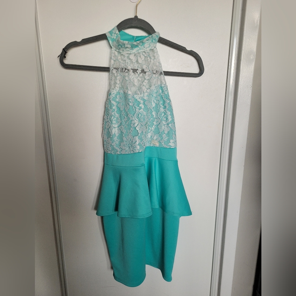 Snap Turquoise Lace Halter Dress